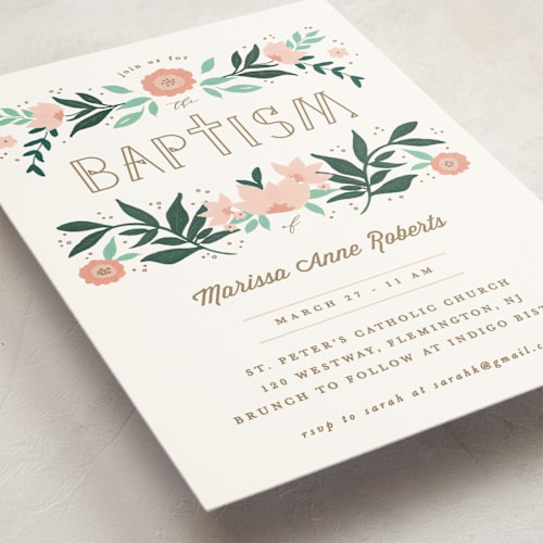 This is a lace baptism and christening announcements with standard by Creo Study called garden glory printing on signature in standard
