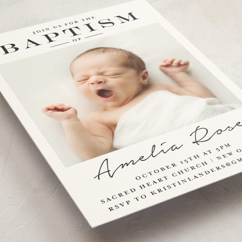 This is a charcoal baptism and christening announcements with standard by Chasity Smith called signature frame printing on signature in standard