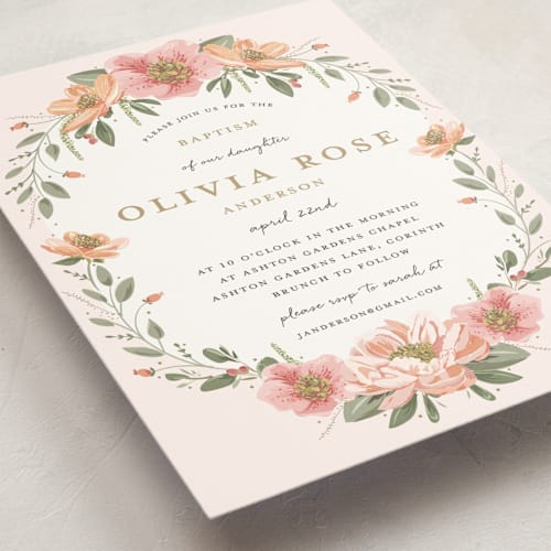 This is a blush baptism and christening announcements with standard by Susan Moyal called garden celebration printing on signature in standard