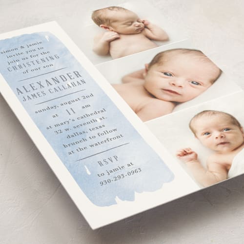 This is a sky baptism and christening announcements with standard by Julie Murray called brushed stripe printing on signature in standard