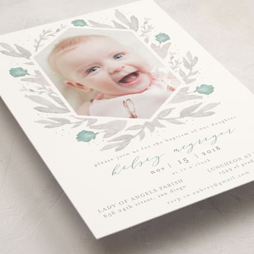 This is a spearmint baptism and christening announcements with standard by Summer Winkelman called bliss printing on signature in standard