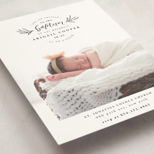 This is a snow baptism and christening announcements with standard by Anastasia Makarova called purity printing on signature in standard