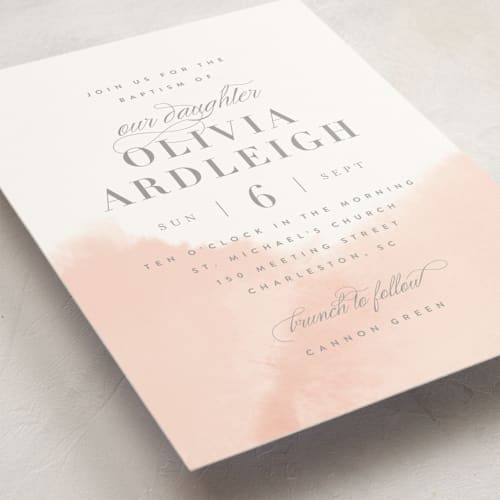 This is a blush baptism and christening announcements with standard by Kristie Kern called whisper printing on signature in standard