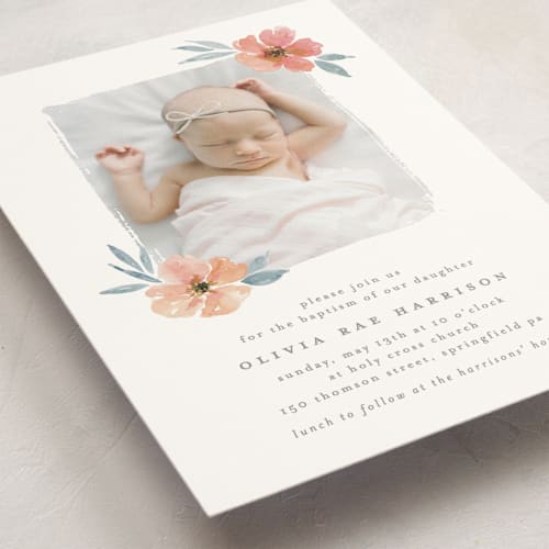This is a coral baptism and christening announcements with standard by Everett Paper Goods called fanciful printing on signature in standard