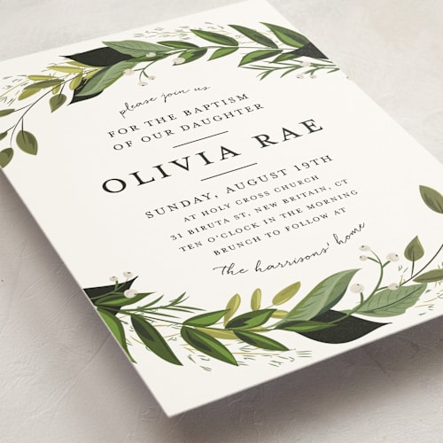 This is a fern baptism and christening announcements with standard by Susan Moyal called vines of green printing on signature in standard