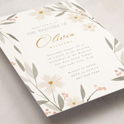 This is a cotton baptism and christening announcements with standard by Robert and Stella called garden edge printing on signature in standard
