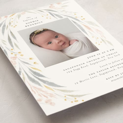 This is a nectar baptism and christening announcements with standard by Nicoletta Savod called floral showers printing on signature in standard