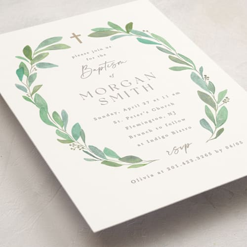 This is a pine needle baptism and christening announcements with standard by Creo Study called greenery wreath printing on signature in standard