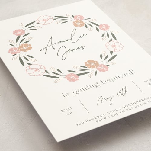 This is a petal baptism and christening announcements with standard by Brittany Braithwaite called floral frame printing on signature in standard