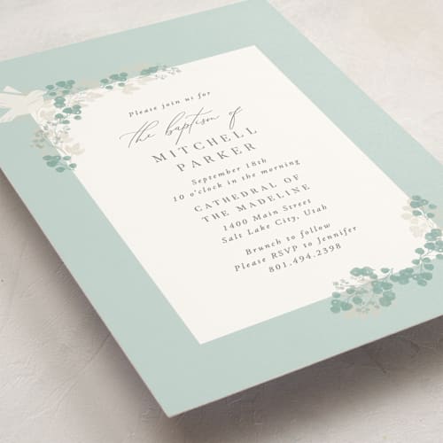 This is a cotton baptism and christening announcements with standard by Robert and Stella called eucalyptus frame printing on signature in standard