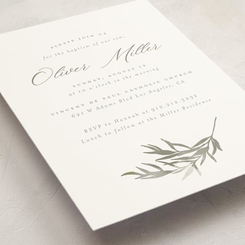 This is a eucalyptus baptism and christening announcements with standard by Hudson meet Rose called leafy baptism printing on signature in standard
