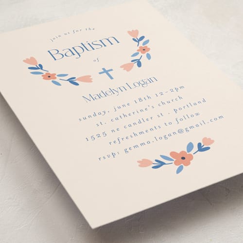 This is a cornflower baptism and christening announcements with standard by Morgan Kendall called floral wreath printing on signature in standard