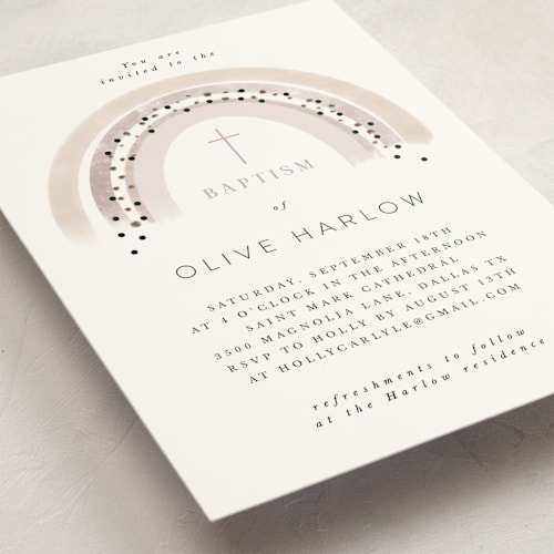 This is a blush baptism and christening announcements with standard by Maja Cunningham called rainbow christening printing on signature in standard