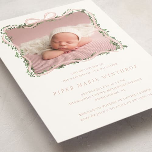 This is a blush baptism and christening announcements with standard by Itsy Belle Studio called ribbonly frame printing on signature in standard