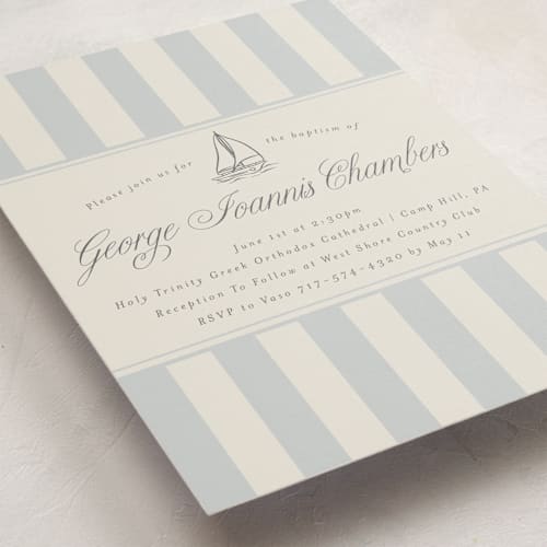This is a sailor baptism and christening announcements with standard by Stephanie Hawkes called on board printing on signature in standard
