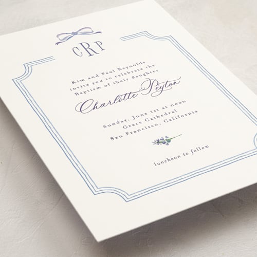 This is a tuscany baptism and christening announcements with standard by Claudia Orengo called lavender printing on signature in standard