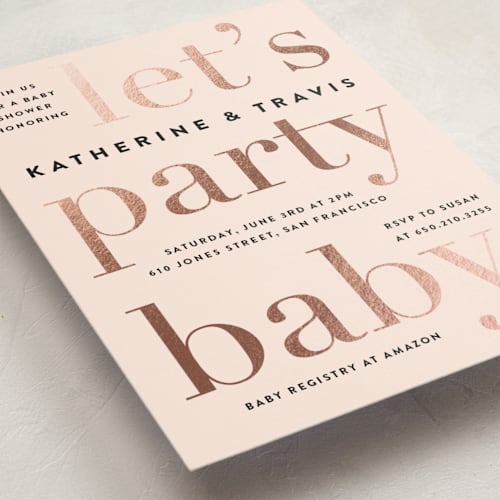 This is a pink lemonade foil stamped baby shower invitations with foil pressed by Jennifer Lew called laud printing on signature in standard