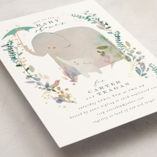 This is a forest foil stamped baby shower invitations with foil pressed by Lori Wemple called elephant shower printing on signature in standard