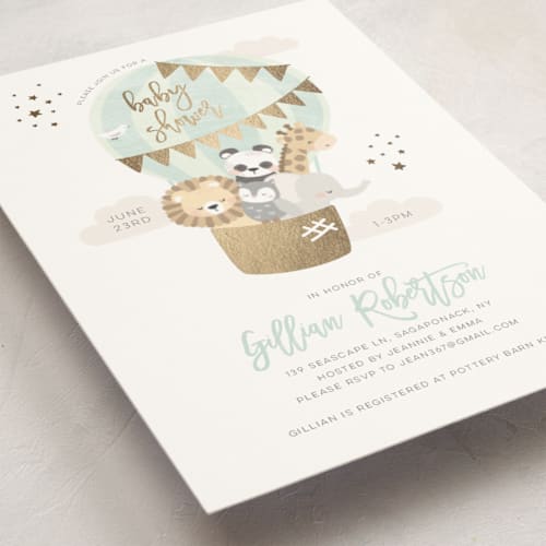 This is a seafoam foil stamped baby shower invitations with foil pressed by peetie design called baby balloon ride printing on signature in standard