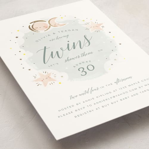 This is a sky foil stamped baby shower invitations with foil pressed by Lori Wemple called twin stars printing on signature in standard
