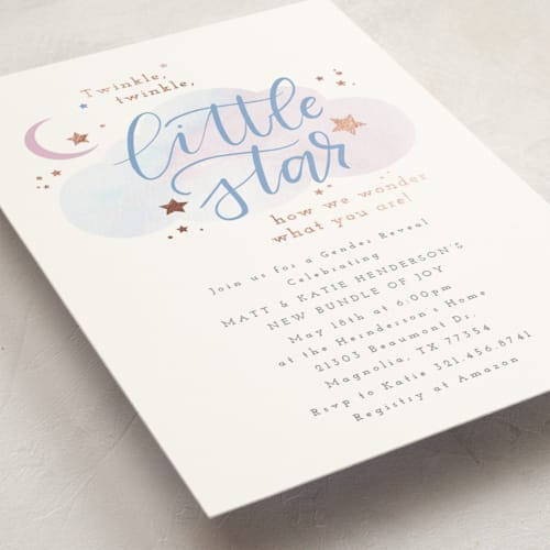 This is a hydrangea foil stamped baby shower invitations with foil pressed by Itsy Belle Studio called little star printing on signature in standard