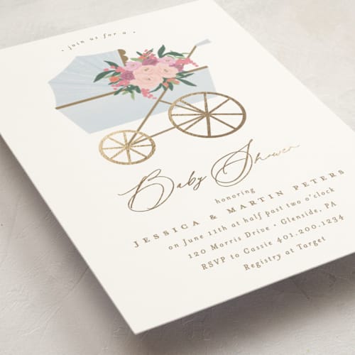 This is a cloud foil stamped baby shower invitations with foil pressed by Everett Paper Goods called pram bouquet printing on signature in standard