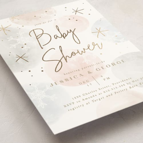 This is a solstice foil stamped baby shower invitations with foil pressed by Creo Study called baby it’s cold outside printing on signature in standard
