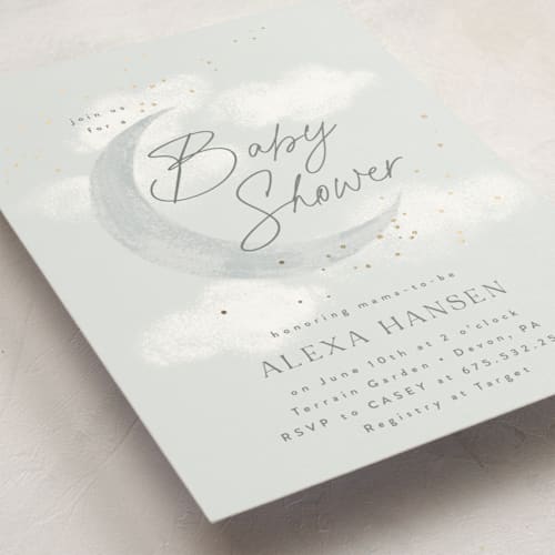 This is a cloud foil stamped baby shower invitations with foil pressed by Everett Paper Goods called moondust printing on signature in standard
