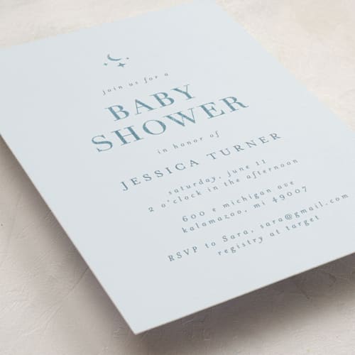 This is a orion foil stamped baby shower invitations with foil pressed by Jd Ptlo called moon & stars printing on signature in standard