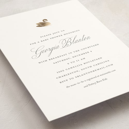 This is a charcoal foil stamped baby shower invitations with foil pressed by Megan Davis called swan shower printing on signature in standard