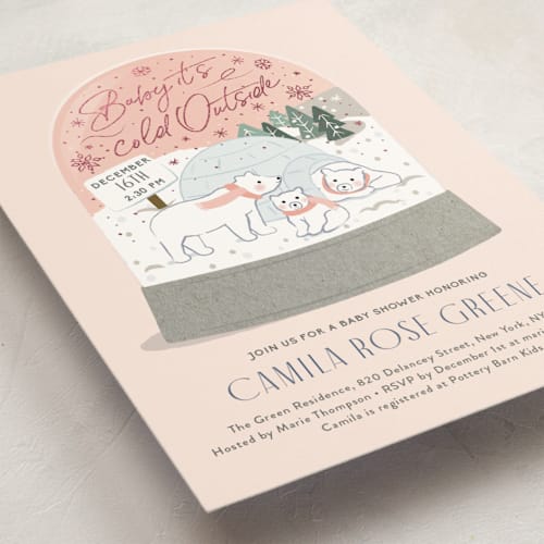 This is a blush foil stamped baby shower invitations with foil pressed by Jennifer Lew called winter bears printing on signature in standard