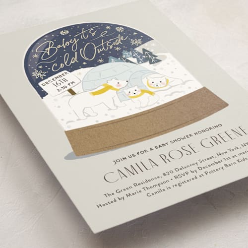 This is a lemon foil stamped baby shower invitations with foil pressed by Jennifer Lew called winter bears printing on signature in standard