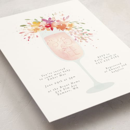 This is a vibrant foil stamped baby shower invitations with foil pressed by Itsy Belle Studio called botanical sip n see printing on signature in standard