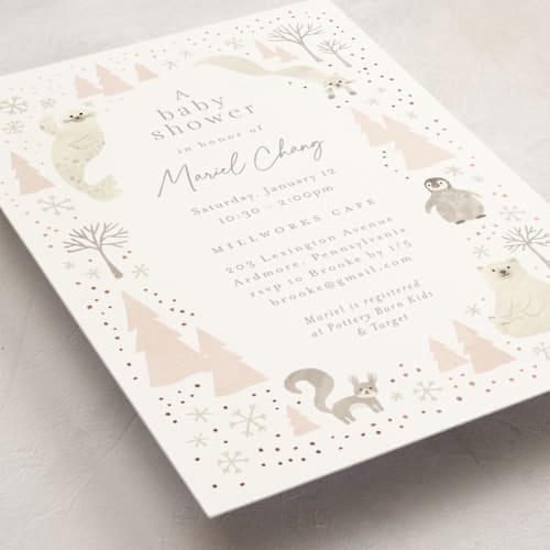 This is a blush foil stamped baby shower invitations with foil pressed by Jennifer Wick called arctic friends printing on signature in standard