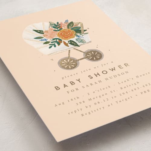 This is a blush foil stamped baby shower invitations with foil pressed by Corie Page called floral pram printing on signature in standard
