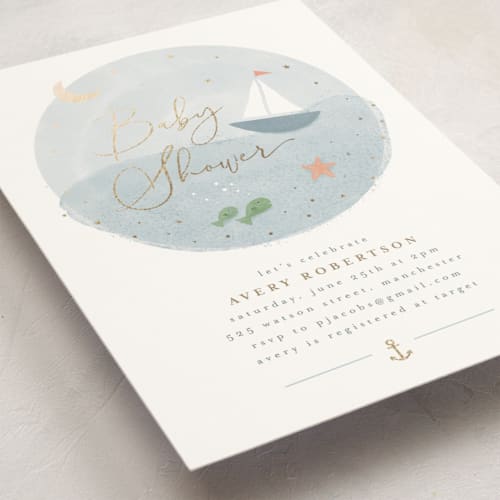 This is a pond foil stamped baby shower invitations with foil pressed by Jen Tips called set sail printing on signature in standard