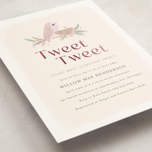 This is a blush foil stamped baby shower invitations with foil pressed by Itsy Belle Studio called tweet tweet printing on signature in standard