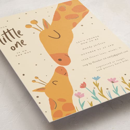 This is a seashell foil stamped baby shower invitations with foil pressed by Vera Lim called baby giraffe printing on signature in standard