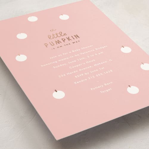 This is a bubblegum foil stamped baby shower invitations with foil pressed by Baumbirdy called a little pumpkin printing on signature in standard