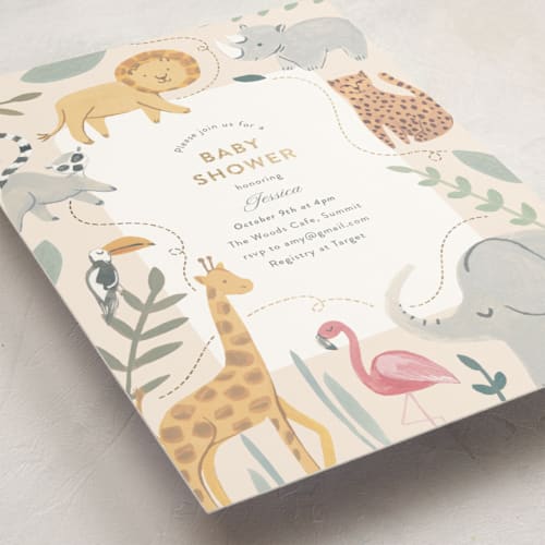 This is a sunshine foil stamped baby shower invitations with foil pressed by Teju Reval called safari dreams printing on signature in standard