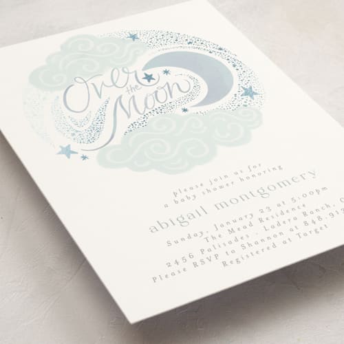 This is a celestial foil stamped baby shower invitations with foil pressed by Joanna Griffin called over the moon printing on signature in standard