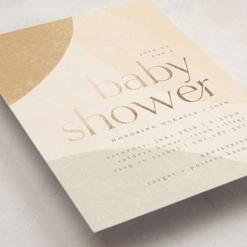 This is a sand foil stamped baby shower invitations with foil pressed by Heather Cairl called pebble printing on signature in standard
