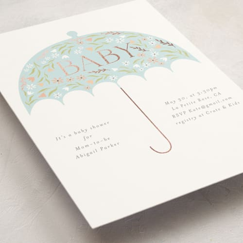 This is a duck egg foil stamped baby shower invitations with foil pressed by Angela Thompson called baby brolly printing on signature in standard