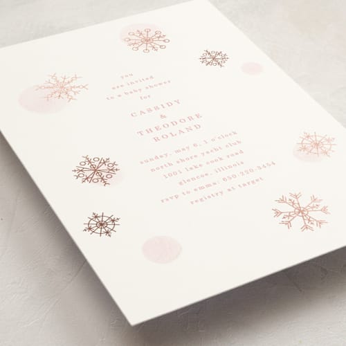 This is a peony foil stamped baby shower invitations with foil pressed by Baumbirdy called snowflakes printing on signature in standard
