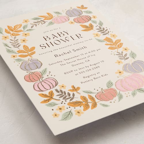 This is a pudding foil stamped baby shower invitations with foil pressed by Cass Loh called pastel pampkins printing on signature in standard