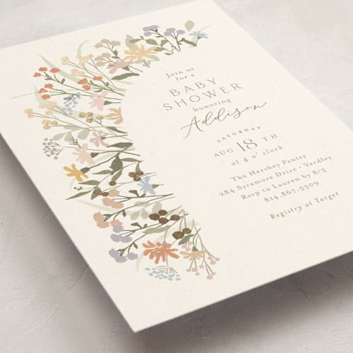 This is a vanilla foil stamped baby shower invitations with foil pressed by Jennifer Wick called meadow flowers printing on signature in standard