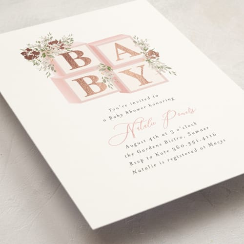 This is a blush foil stamped baby shower invitations with foil pressed by Itsy Belle Studio called botanical blocks printing on signature in standard