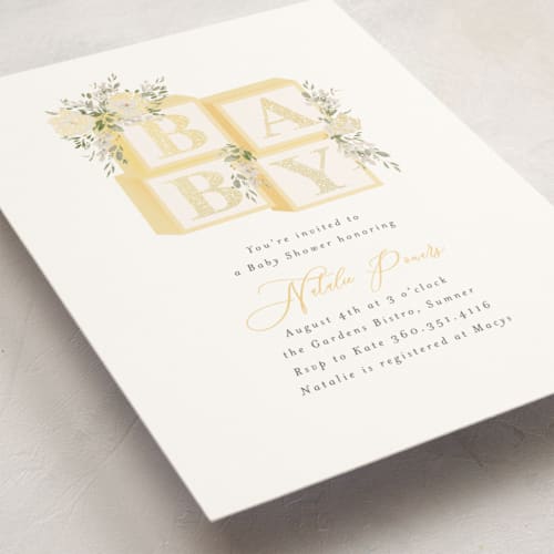 This is a buttercup foil stamped baby shower invitations with foil pressed by Itsy Belle Studio called botanical blocks printing on signature in standard