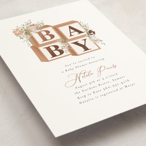 This is a tuscan foil stamped baby shower invitations with foil pressed by Itsy Belle Studio called botanical blocks printing on signature in standard