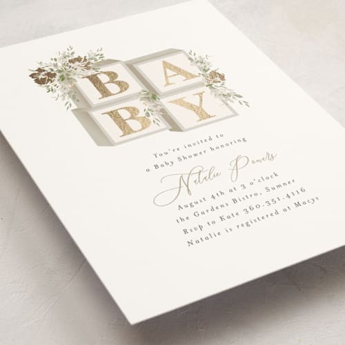 This is a greige foil stamped baby shower invitations with foil pressed by Itsy Belle Studio called botanical blocks printing on signature in standard